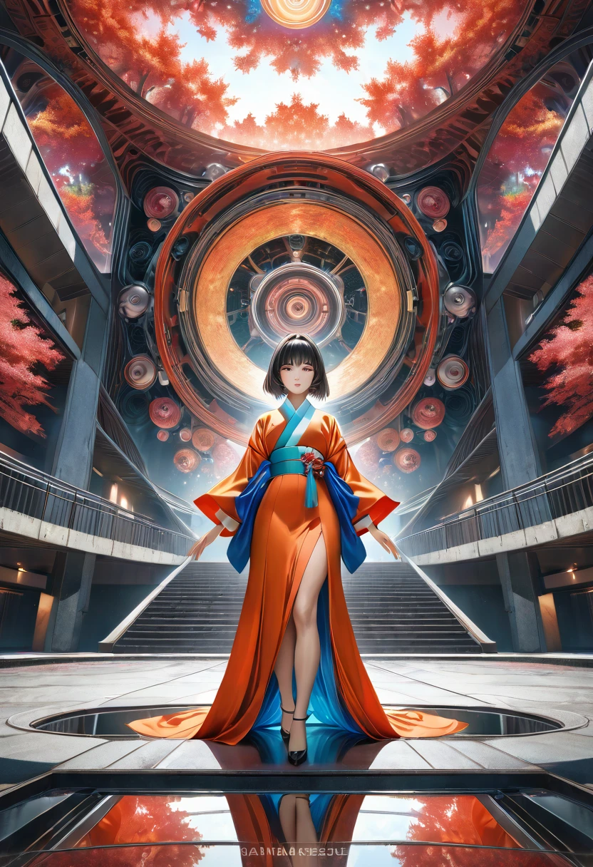 ((Poster featuring 1 Japanese woman)),masterpiece, Best quality,  Official art, Unity 8k Wallpaper, ultra detailed, beautiful and aesthetically pleasing, Realistic, zenconfuse,confuse, enconfuse, fractal art, extremely detailed, Dynamic angle, the most beautiful form of chaos, elegant, brutalist developed, bright colors, romanticism, Silk, fullbody,
