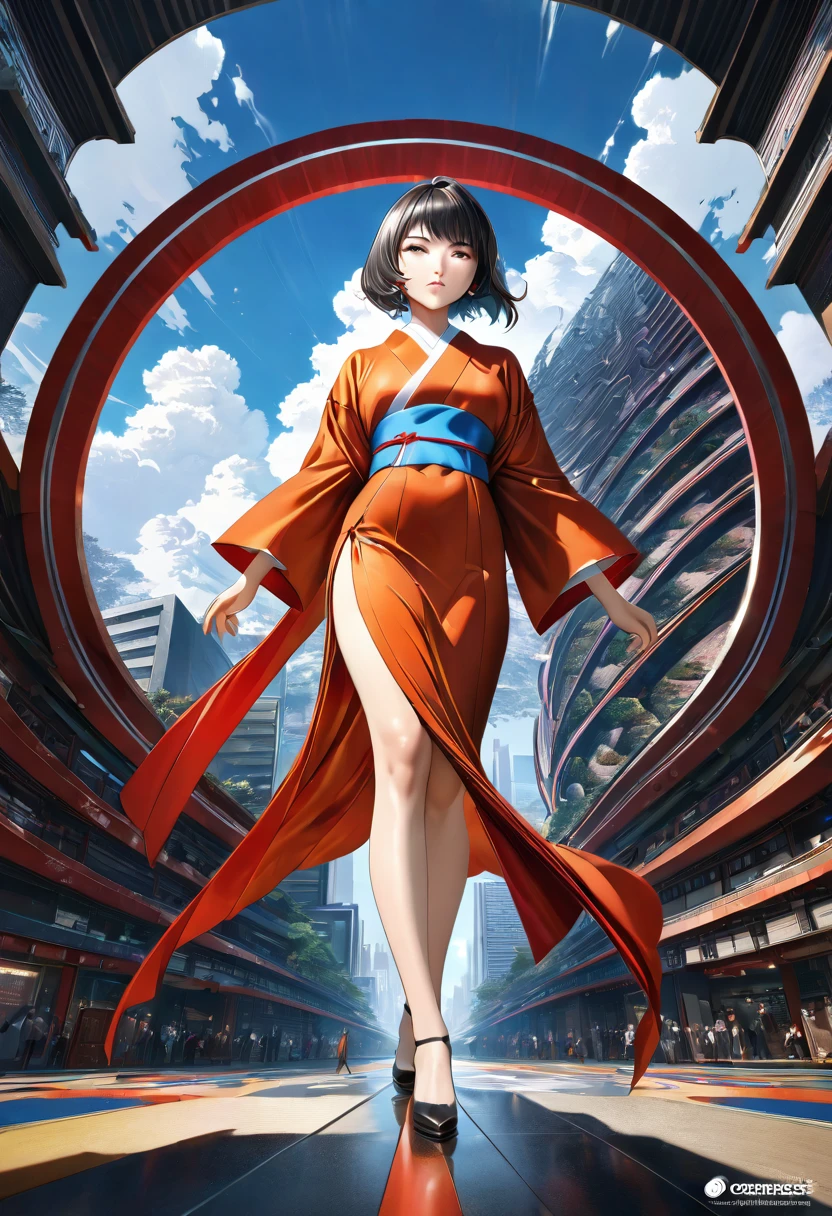 ((Poster featuring 1 Japanese woman)),masterpiece, Best quality,  Official art, Unity 8k Wallpaper, ultra detailed, beautiful and aesthetically pleasing, Realistic, zenconfuse,confuse, enconfuse, fractal art, extremely detailed, Dynamic angle, the most beautiful form of chaos, elegant, brutalist developed, bright colors, romanticism, Silk, fullbody,
