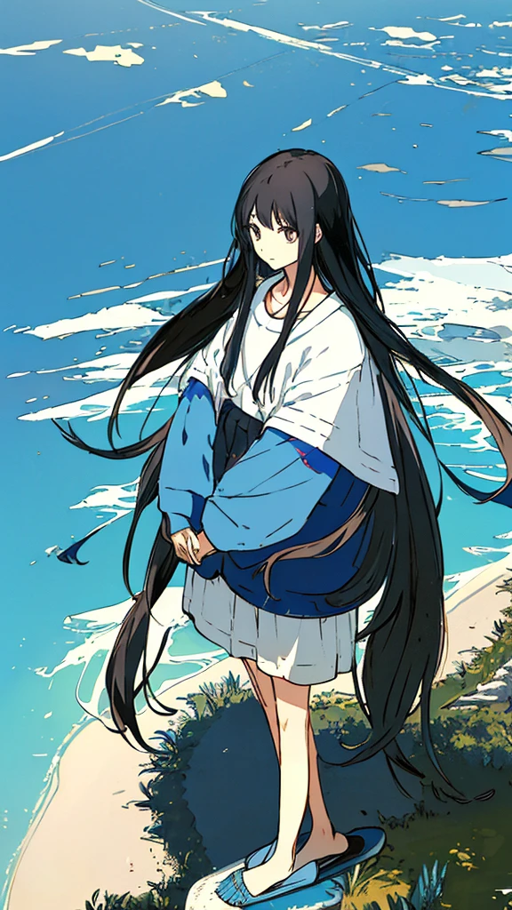 a girls, from above,black hair,long sleeves, long hair,long hair, on back,slippers,blue sky,