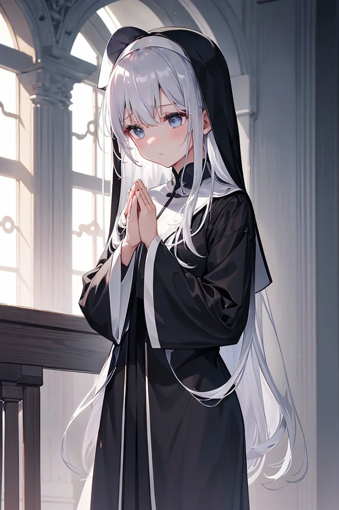 A wise and stately nun, 修道服の下から覗くSilver Hair, Silver Hair, Head held high, Eyes full of wisdom, A Wise View, Tell the story of a fulfilling life、 Dressed in traditional black and white attire, Wearing black and white robes, Her hands were clasped in prayer, Praying with hands together. She has a calm and peaceful look on her face, calm and calm look, Radiate kindness and compassion. This photo captures her in a contemplative moment.。, This photo captures her moment of reflection.。, Surrounded by silence
