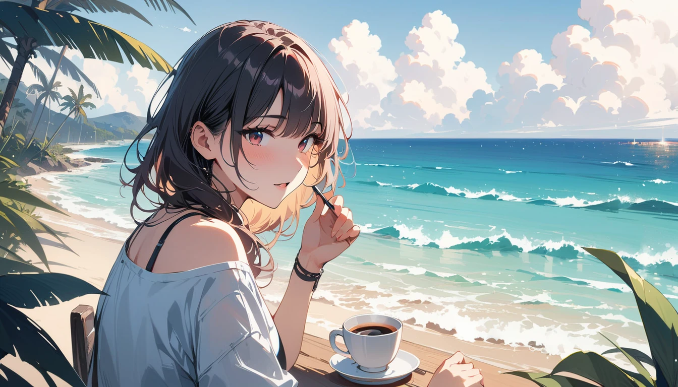 (masterpiece, Highest quality:1.2), 1 Girl, alone,Eyes open,Have a coffee,Tropical atmosphere,Ocean