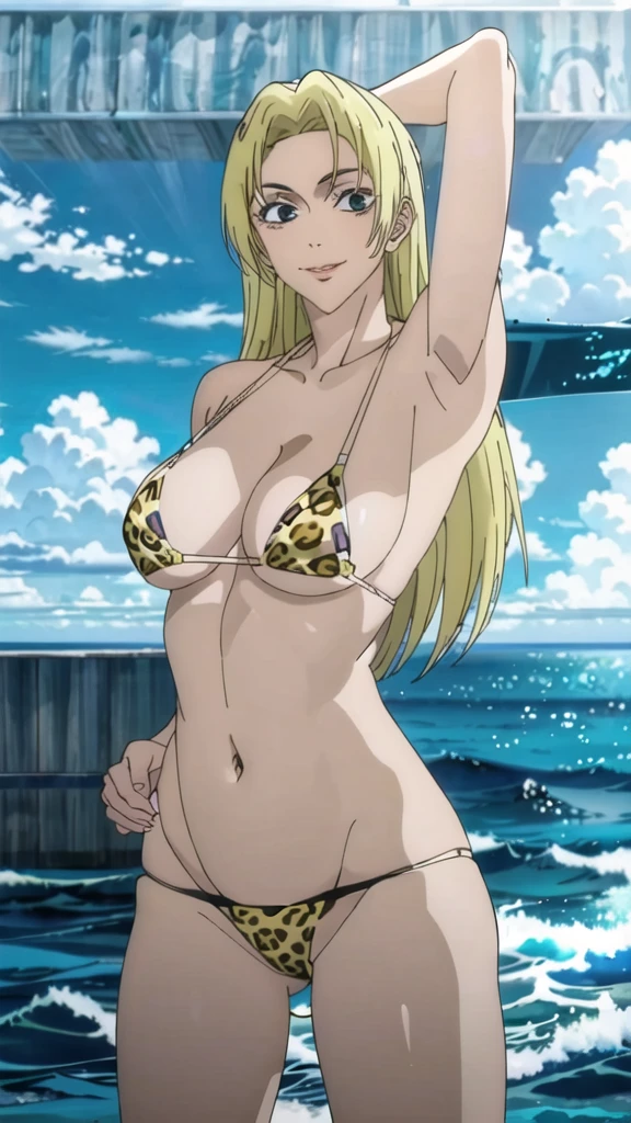 (masterpiece, 4K, Highest quality, anime style: 1.9, Detailed face, Lovely, Ocean,bold, High resolution, anime, alone, Curvaceous, Thighs, Cleavage, Center of chest, smile, Very slim belly, Cowboy Shot,Leopard print bikini,1 Girl, Place your hands behind your head.,JUJUTSU KAİSEN,Yuki Kujuku,((Blonde)),(Naked in a swimsuit),Long Hair,Accurate Eyes,front