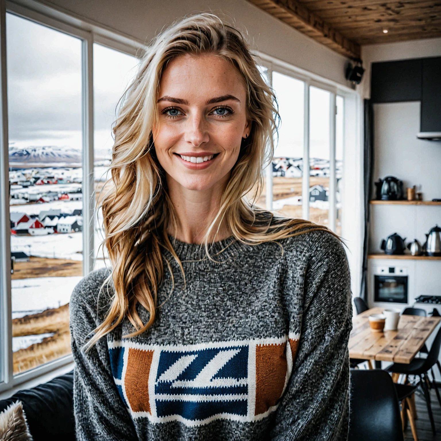 a beautiful picture of an typical icelandic woman in casual clothes, high quality,full upperbody, (smile:0.5), nsfw, solo 1 woman, there are some sexual aspects in the picture, the focus is on her