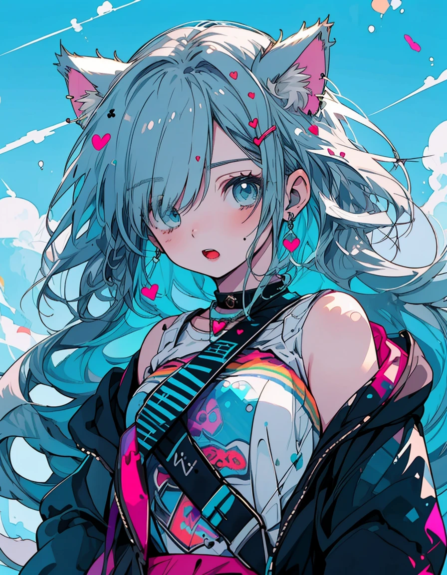 wink and closed one eye, open mouth, heart, ((masterpiece, best quality:1.5)), ((Beautiful detailed cat aqua eyes:1.2)), cat ears, pale skin, medium breasts, beautiful hands, beautiful fingers, EasyNegative