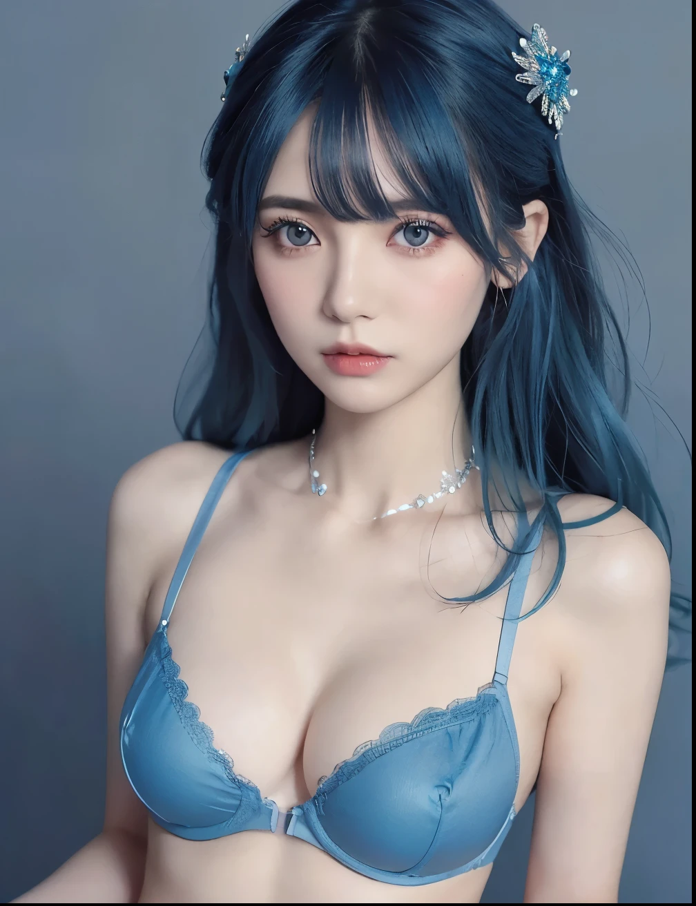 1 Girl,((The bra floats and you can see your nipples:1.6))、 (Naked Girls:1.8), ((No underwear:1.8))、((Small, flat chest:1.7))、((Big blue hair ornament:1.7))、((Blue eyeshadow:1.6))、((Applying blue make-up:1.4))、(pov shot:1.3)、((from the front:1.3)),((Your face is in the center of the frame:1.4))、((Blue eyeshadow:1.6))、Very beautiful Japanese idol portraits, (RAW Photos, Highest quality), (Realistic, Realistic:1.4), (masterpiece), Very delicate and beautiful, Very detailed, 2k wallpaper, wonderful, finely, Very detailed CG Unity 8K 壁紙, Very detailed, High resolution, Soft Light, Beautiful detailed girl, Very detailed目と顔, Beautiful and sophisticated nose, Big beautiful eyes, Cinema Lighting, (Simple light color background:1.3), (Blue dyed medium length hair), (Parted bangs), Light Gray Background、 Complete Anatomy, Slender body,Very small breasts, Sensual look