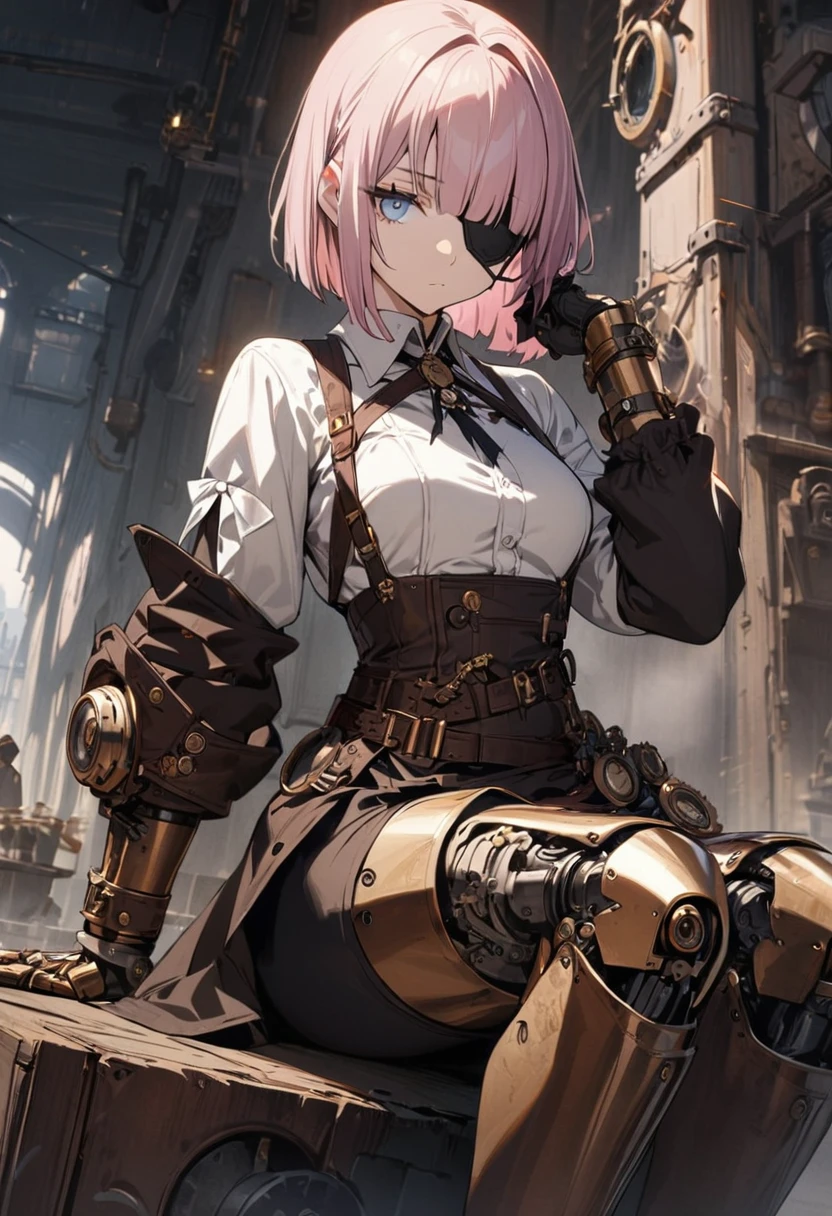 1 girl, human, expressionless, beautiful girl, light pink hair, light blue eyes, hime cut, steampunk, mechanical prosthetic leg, eye patch, sitting, masterpiece, best quality, anime