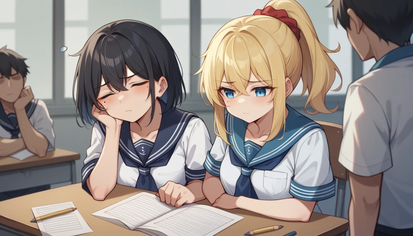 Portrait、512、Medium hair with black hair、High School Girl A(Canine、Tear mole on left eye、There is no mole on the right eye、White and navy blue sailor suit、Sleepy face、Mechanical pencil in right hand)、High school girl B(ponytail、Blonde、Red scrunchie、White and navy blue sailor suit、Serious face)、During class、Textbooks and notebooks on the desk、The boys and girls around her are strongly blurred.