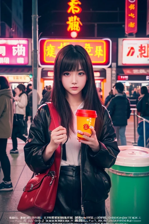 (Highest quality, Movie Poster Style), Beautiful woman (One of my eyes is red:1.2),(How to write Chinese characters with meaning:1.1), Combine elements perfectly.18-year-old、Cute Girls、cyber punk、subway、Underground、Street fashion、neon