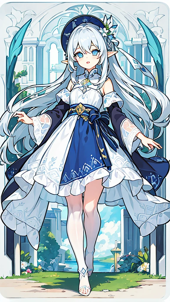 
((Highest quality)), ((masterpiece)), (detailed), One girl, The background is nature、The weather was sunny.、Silver hair straight long hair、Half Up、Parallel thin eyebrows、Double droopy eyes、Thin lips、Small nose、Blue Eyes、Long eyelashes、Delicate appearance、Illustration seen from the front、A big smile with an open mouth、White dress、Fantastic illustrations、Highlights are 7 colors、The light is on my face、Illustration of eyes matching the viewer、Elf、For delivery、Character portrait、whole body、Down to the toes、