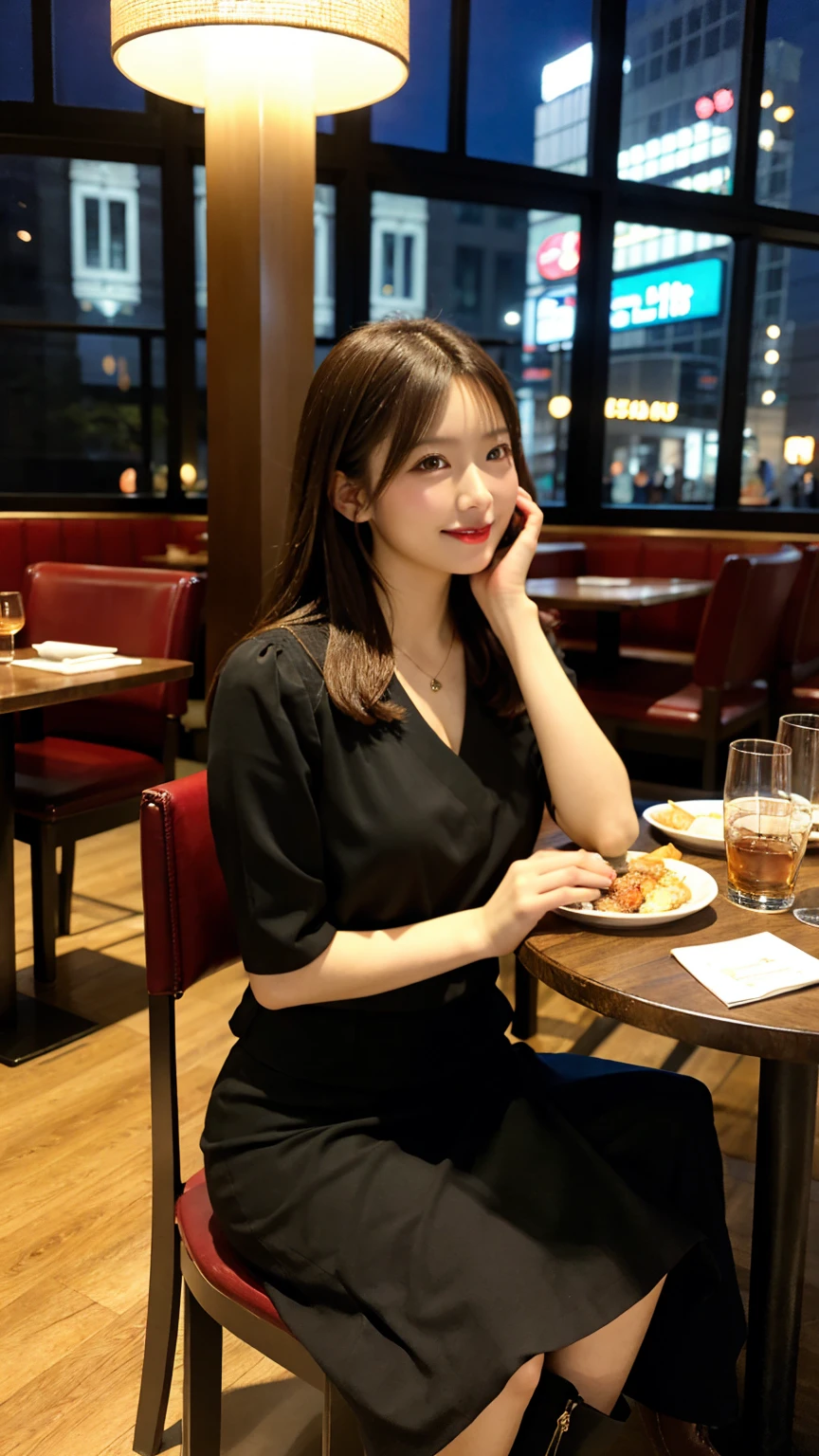 highest quality, masterpiece, 8K, ultra high resolution, (realistic: 1.4), beautiful face, symmetrical eyes, Japanese, brown hair, smile, wearing makeup, high-definition images, atmospheric perspective, super detail, accurate, best quality, (angle from under the table), a Japanese lady, drooping eyes, sleepy face, blush, in the city, busy, skyscrapers, skirt, high boots, necklace, blouse , restaurant with large windows, takes a seat, (other customers), night scene, windows have harbor view, foods, 