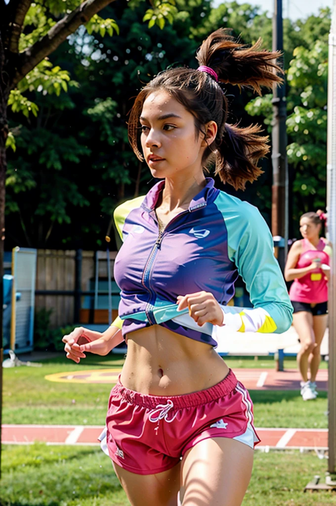 1 girl, solo, running, Gray Track Top, pink shorts, ponytail, athletic build, dynamic brushstrokes, fluid movement, capturing the essence of her athleticism and energy, using light colors and soft tones to create a dreamy and ethereal atmosphere, portraying the motion and grace of running, showing the wind blowing her ponytail and clothes, and the scenery of her surroundings.
outdoors, detailed background, Modern metropolis,