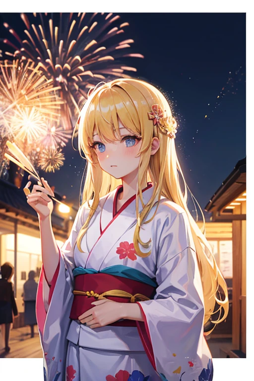 Fireworks, long blonde hair, yukata, shaved ice