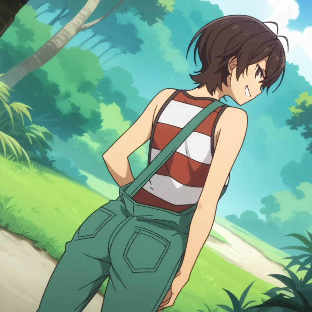 score_9, score_8_up, score_7_up, score_6_up, source anime, anime screencap, anime coloring, miwa, overalls, jungle, trail, looking back, looking at viewer, from behind, smirk, half-closed eyes, cowboy shot, dutch angle,