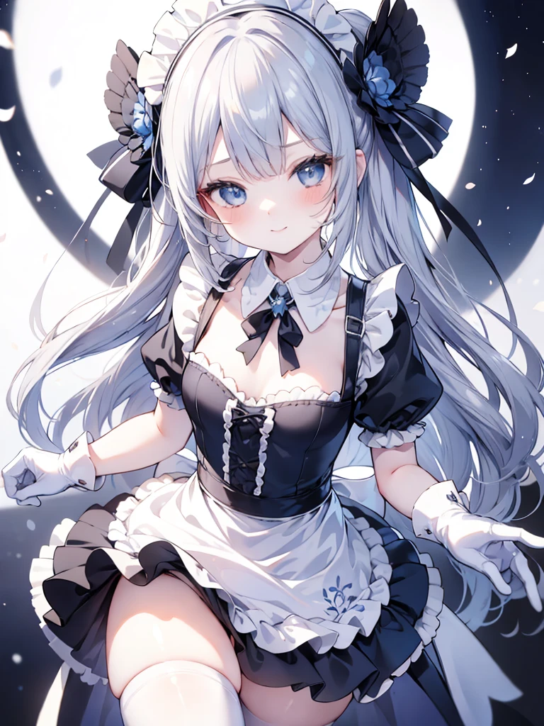 best quality,masterpiece,detailed face, uncensored, 1girl, solo focus, smile, blush, solo, full body, standing, dark blue hair, long hair,low tied hair, forehead, blue eyes, maid, maid headdress, dark blue dress, puffy sleeves, elbow gloves, white gloves, apron, long skirt, dark blue skirt, white thighhighs,Masterpiece, Top Quality Anime Illustration, Super Detail, One Girl, Solo, Beautiful Girl with Silver Hair, Anime , maid dress,Smile,(white background),((charming))、perfect proportions, cute woman, baby face, BREAK source_anime, high detail, looking at viewer,POV, large chest, best quality, highly detailed, young face,Droopy eyes,relaxed face,