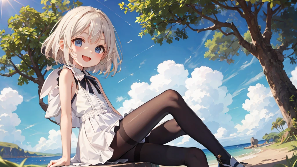 Highest quality, Ultra-detailed, Lolita Fashion, One Girl（8-year-old）,Beautiful girl，Laughter， Arms crossed, Platinum Blonde Hair, At Moai Island，Flat Chest，Perfect limbs，The morning sun shines、Grey pantyhose