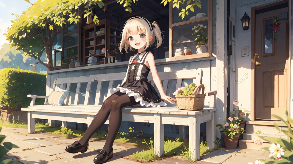 Highest quality, Ultra-detailed, Lolita Fashion, One Girl(8-year-old),Beautiful girl,Laughter, Arms crossed, Platinum Blonde Hair, At Moai Island,Flat Chest,Perfect limbs,The morning sun shines、Grey pantyhose