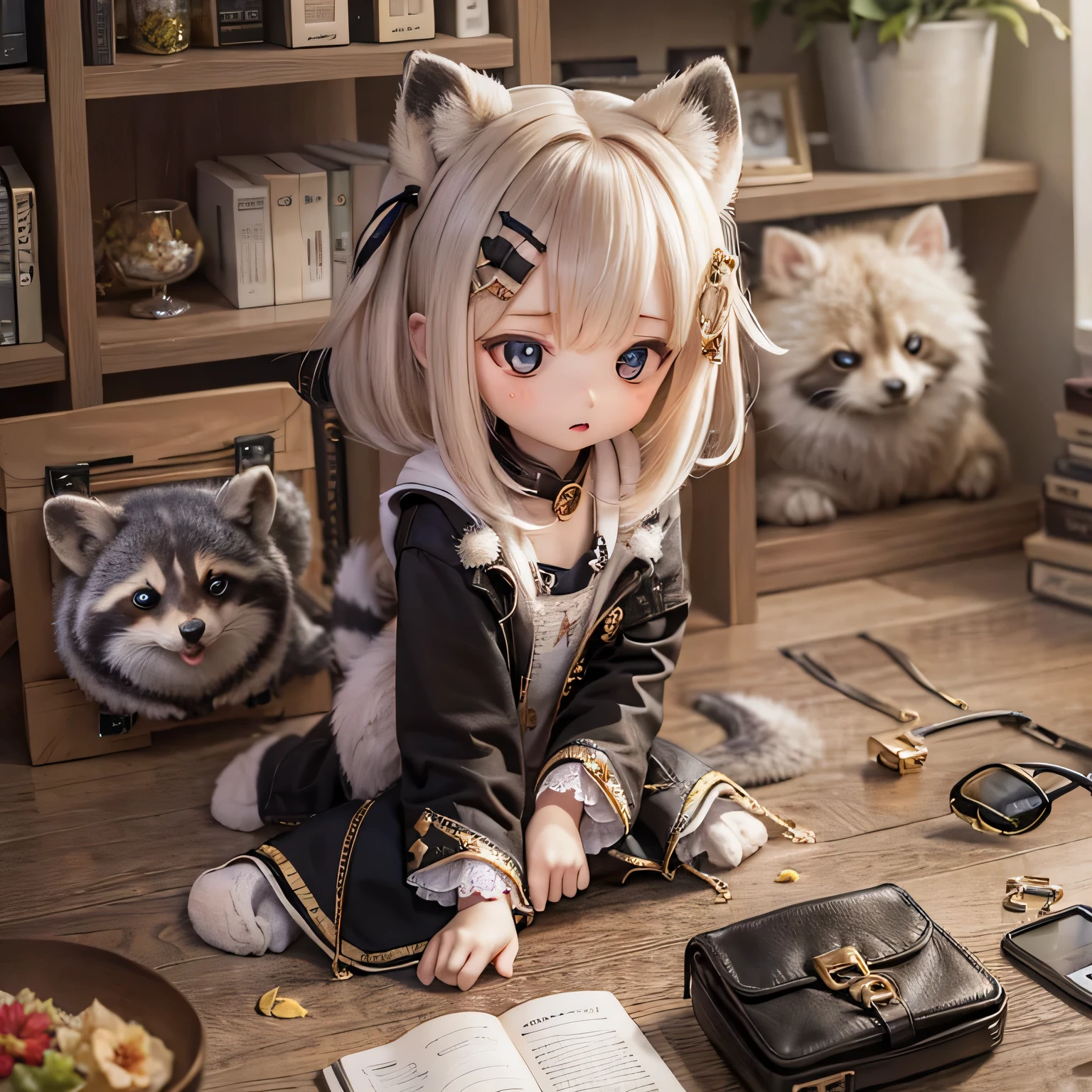 Raccoon girl chibi cute girl play together