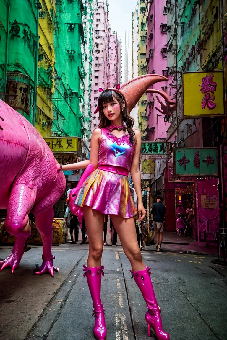 hong kong, day, (Awkward,blush :1.3),Alafi girls take photos in colorful clothes, y 2 k cutecore crowncore, Lovely Decora Rainbow Core, Lovely high quality rendering, Candy Girl, Deco, Unreal Engine : : Carnival Makeup, Working Girl, raver girl, Carnival Costumes, Glitch Punk Girl, soda themed girl, Lively and cheerful, 80s pin-up style, Hong kong, (((pink dinosaur)))