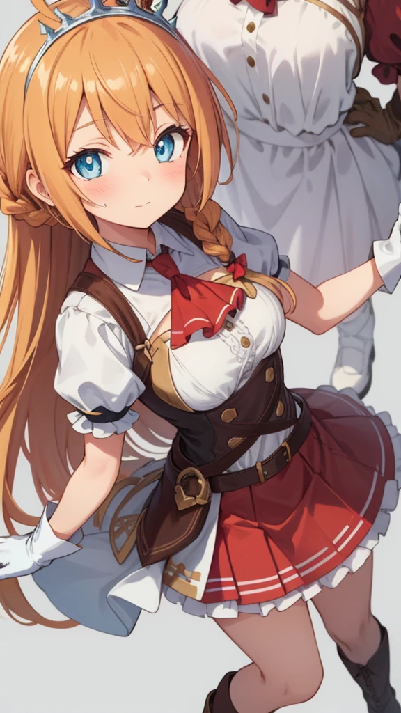 {{{masterpiece}}}, {{{best quality}}}, {{ultra-detailed}}, {illustration}, {{an extremely delicate and beautiful}}, (beautiful detailed eyes:1.6), extremely detailed face, 8k, anime face, Pecorine(Princess Connect!), 1 girl, cute face, blue eyes, hair ornament, long hair, orange hair, tiara, braid, hair braid, ahoge, medium breasts, thin waist, big hips, curvaceous, arm belt, armor, ascot, blue socks, boots, dress, gloves, hair ornament, open clothes, open dress, pauldrons, pleated skirt, puffy short sleeves, puffy sleeves, red ascot, red skirt, white petticoat, short sleeves, shoulder armor, single pauldron, skirt, socks, white dress, white footwear, white gloves