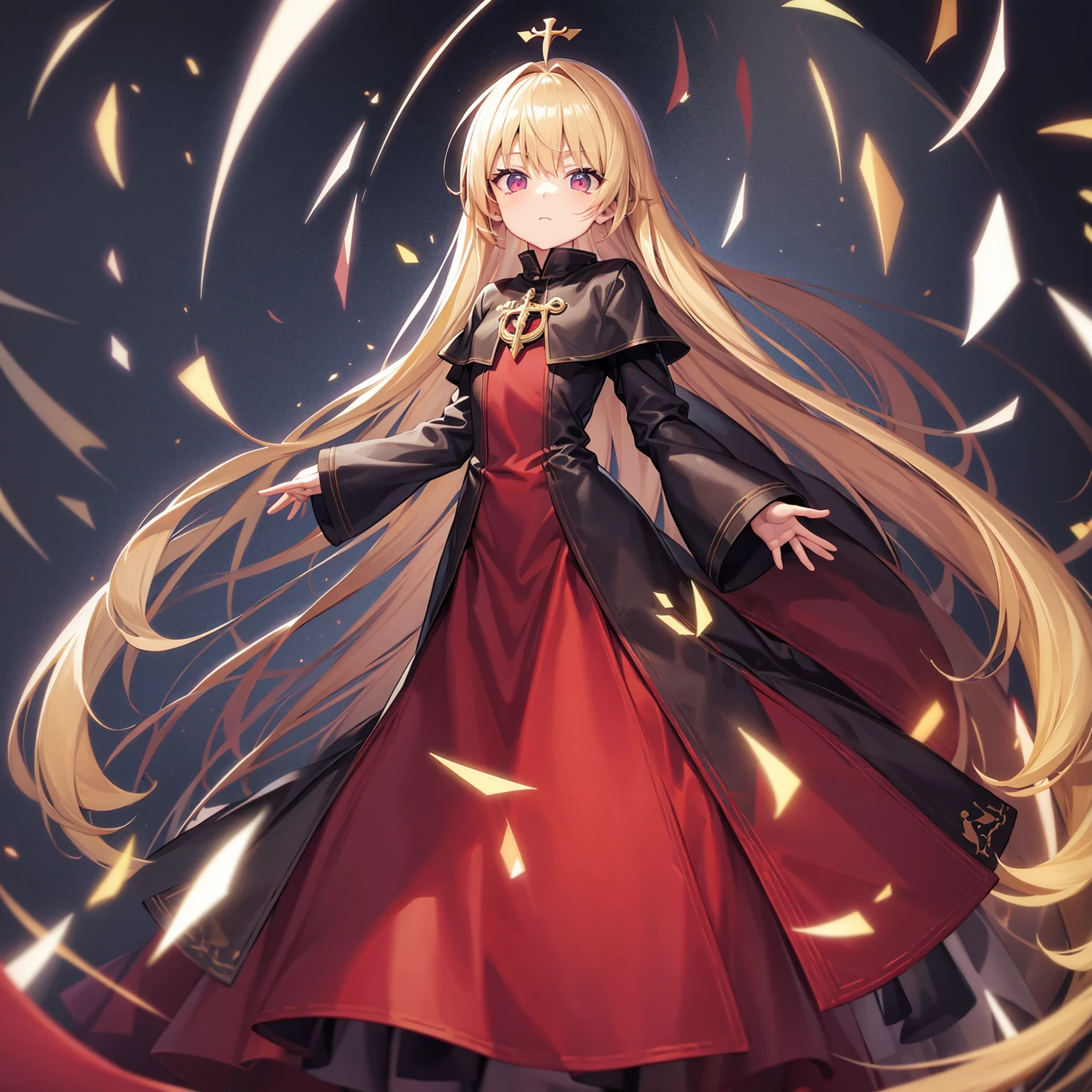 ((Priest)),Veil,Cute little loli,Tiny Lori,Small girl,,Childish face, Very fine clean face,Top quality, Big eyes,Straight Hair,Yellow hair,Crimson Eye,(Dark Room), Subtle light, Natural light,Soft lighting,Light from directly behind, (Are standing), Cute pose, Open your hands, Showing the whole body,Front view,Black background