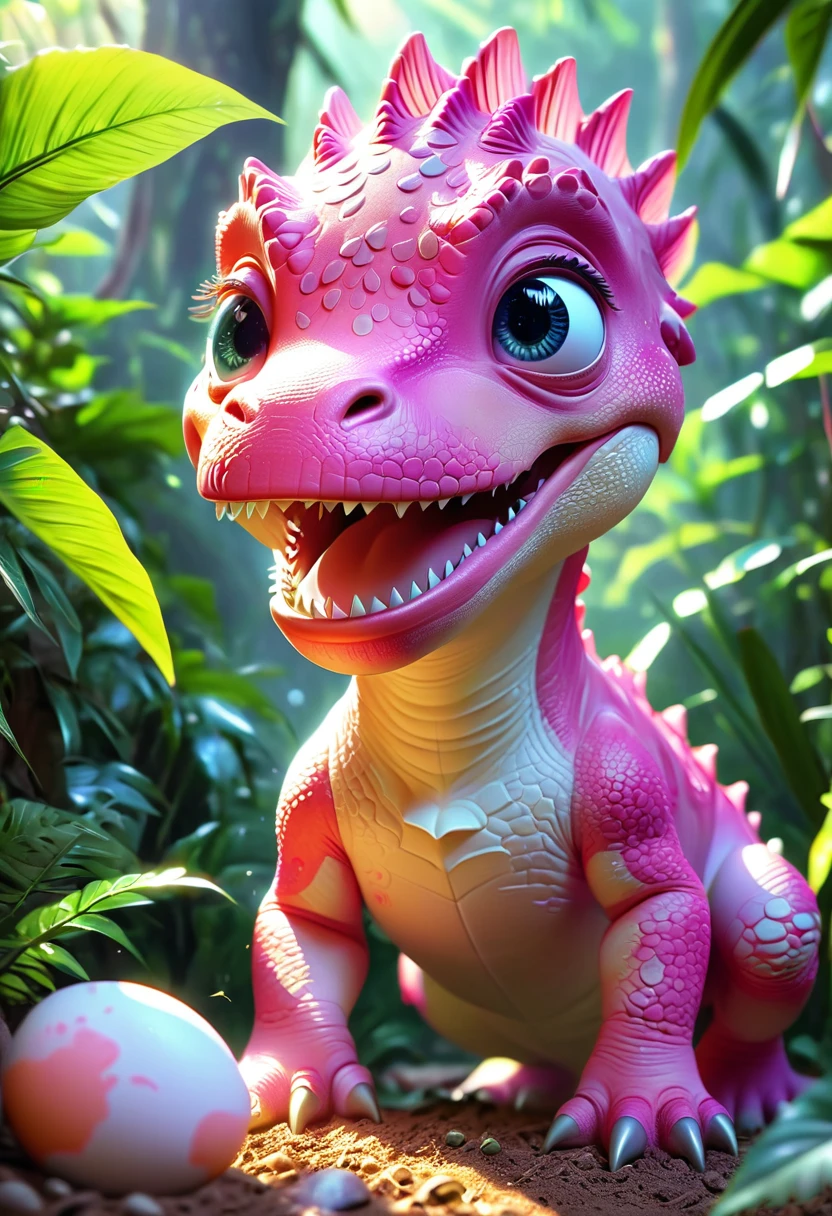 (Two cute pink Tyrannosaurus Rex hatched from eggs), Beautiful and delicate eyes, Long eyelashes,Beautiful and delicate face, Extremely detailed eyes and face, Cute expression, Dense jungle background, Dreamy, Fantastic, watercolor, number, (best quality,4K,8K,high resolution,masterpiece:1.2),Extremely detailed,(Practical,photoPractical,photo-Practical:1.37),Vibrant colors,Soft lighting
