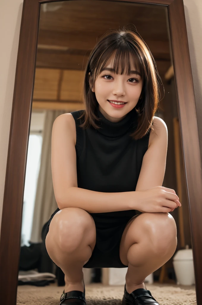 Highest quality masterpiece 8K Ultra-detailed Face Blonde Full body photo Cute pose Sexy Photos Focus on the face Professional Lighting Vivid Photos Happy expression Sulky look Ecstatic expression Sex appeal Glossのある濡れたカラスの毛 Gloss Cute and sly Droopy eyes Absurd Heavy bangs A wide variety of skin tones Black sweater dress Thighs Selfie turtleneck Thighs Mirror photo Reflected in the mirror No sleeve Sleeveless sweater squat Get on your knees