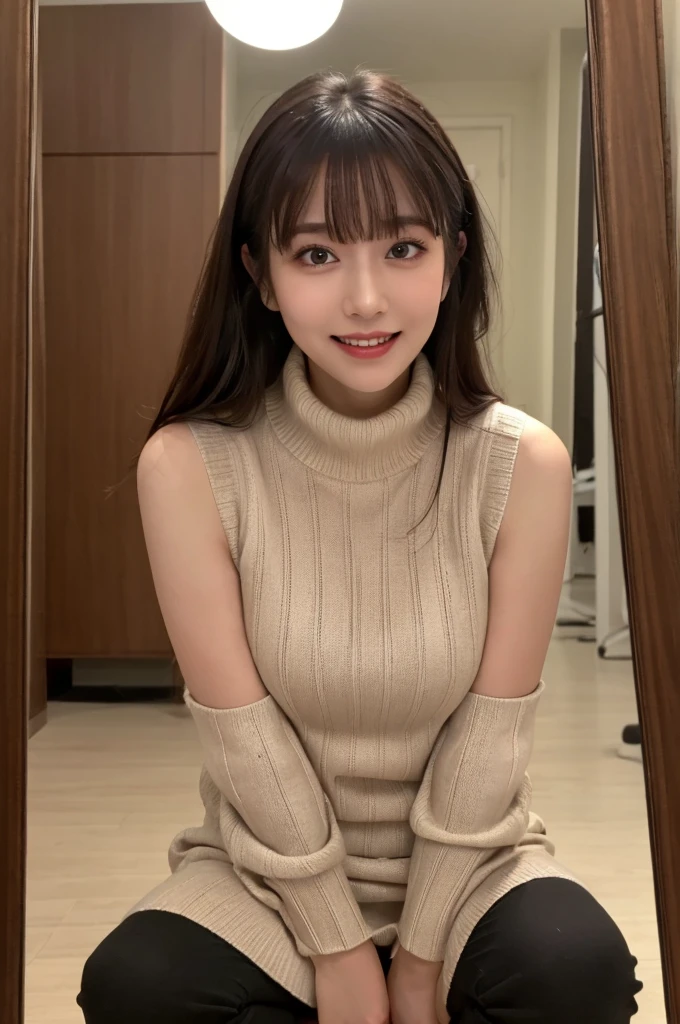 Highest quality　masterpiece　8K Ultra-detailed Face　Blonde　Full body photo　Cute pose　Sexy Photos　Focus on the face　Professional Lighting　Vivid Photos　Happy expression　Sulky look　Ecstatic expression Sex appeal　Glossのある濡れたカラスの毛　Gloss　Cute and sly　Droopy eyes　Absurd　Heavy bangs　A wide variety of skin tones　Black sweater dress　Thighs　Selfie　turtleneck　Thighs　Mirror photo　Reflected in the mirror　No sleeve　Sleeveless sweater　squat　Get on your knees
