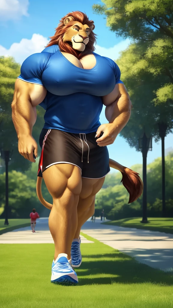 Lion, lion tail, muscular, jogging, fluffy, tall, huge, (((big pecs))), handsome, t-shirt, park, smile (((realistic, 8k, ultra details, masterpiece)))