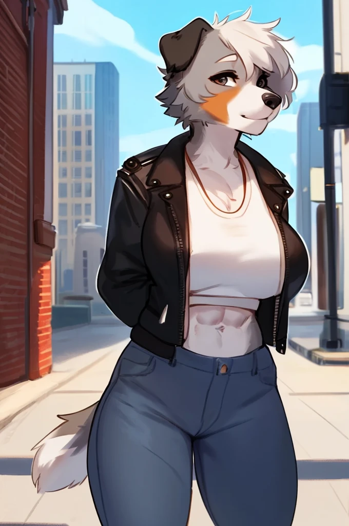 By bebebebebe, by lostgoose, by goonie-san, (by spuydjeks), solo, female, standing, canine, (bearded collie, detailed eyes), ((snout, hair)), (grey fur, light grey fur), big breasts, hands behind back, looking at viewer, English city, brown townhouses, standing in the city, (high-waisted jeans), crop shirt, jacket, abs, (Balenciaga)