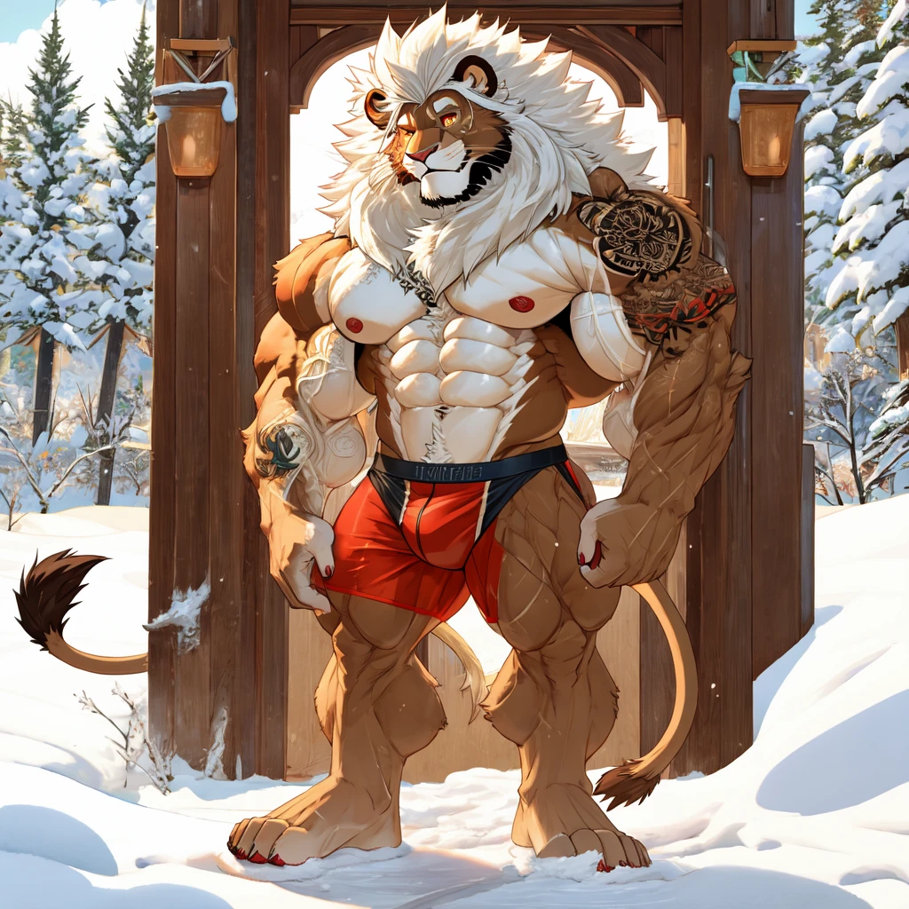 (masterpiece, Best quality:1.2), Lion Boy, winter, body covered in dark red fur, Furry style, Muscle flex, sexual, horny, very muscular wild ,full height,very short white hair,freckles on the body and face,glowing amber eyes,defined muscles,sharp focus, friendly, in speedos, tatoo over biceps