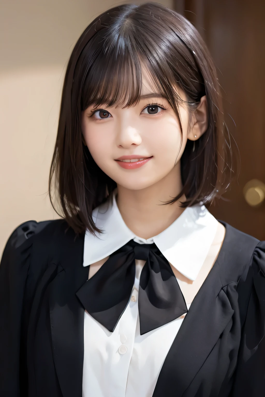 Beautiful young woman、 Black Hair、Necklace around the neck、Office Lady Suits、Jacket、Unbuttoned shirt、smile、Beautiful teeth alignment、Wavy Hair、short hair、Intricate details, Very detailed:1.2), 、 Looking into the camera,The background is the office、Necklace around the neck、Dark eyeliner、ear piercing