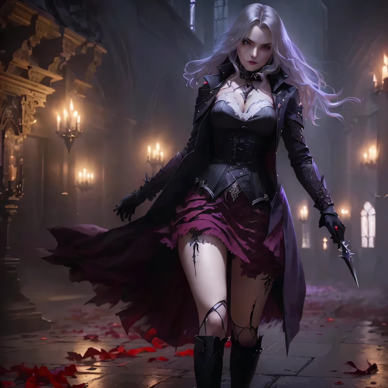 a woman in a dress and coat holding a knife in a dark room, vampire fashion, female vampire, castlevania witch, gothic fantasy art, dark fantasy style art, vampire girl, carmilla vampire, androgynous vampire, dark fantasy concept art, dark fantasy art, female vampire warrior, gothic maiden anime girl, woman vampire, dark fantasy female magician