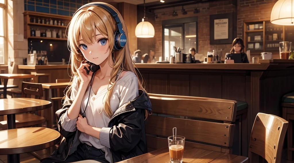 Girl with headphones enjoying music in a cafe　I am studying　Emphasize a little bit of the chest