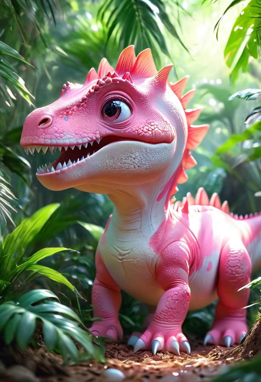 (A cute pink(Tyrannosaurus)Hatched from the egg), Beautiful and delicate eyes, Long eyelashes,Beautiful and delicate face, Extremely detailed eyes and face, Cute expression, Dense jungle background, Dreamy, Fantastic, watercolor, number, (best quality,4K,8K,high resolution,masterpiece:1.2),Extremely detailed,(Practical,photoPractical,photo-Practical:1.37),Vibrant colors,Soft lighting
