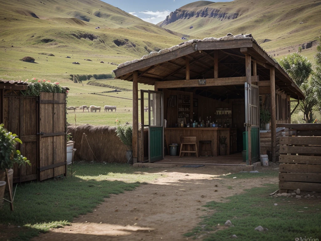 I want you to generate a logo for a refuge in the Andes, something agricultural. With a transparent background for the logo that is somewhat futuristic and cartoon-like, With a background view of the prone Andes and the agriculture and livestock around this beautiful home that would become a refuge and is sophisticated, Any product that is grown in this place that is clear and very realistic, in the same way any animal such as a horse or cow or sheep focuses well on the image of the result.