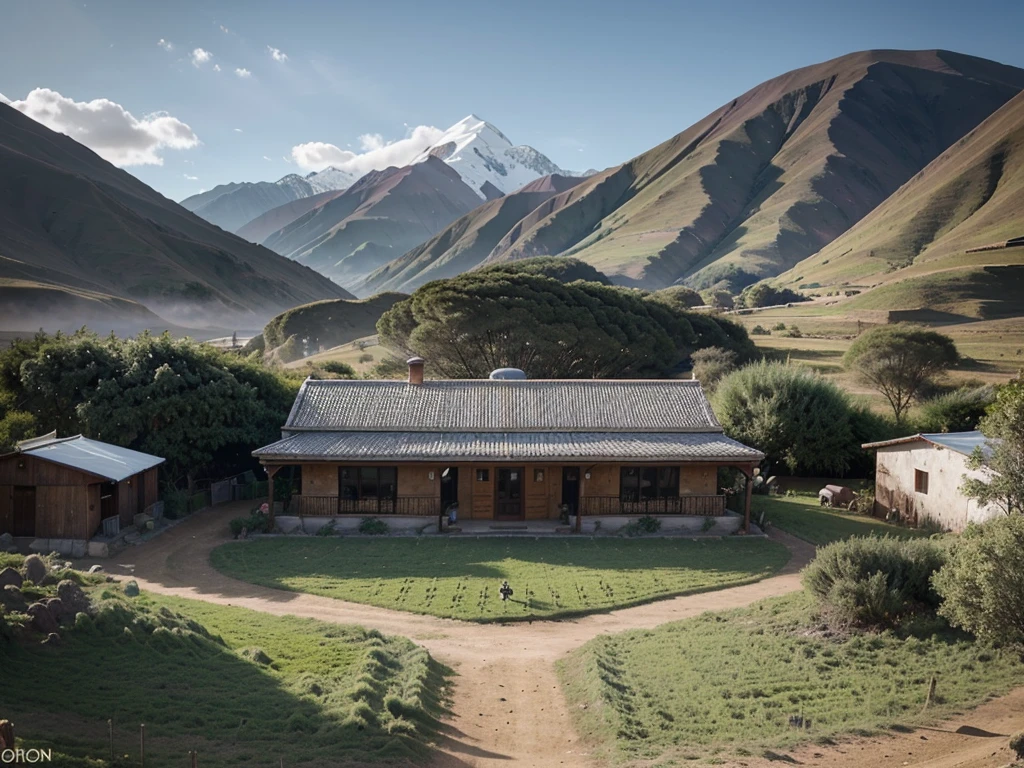 I want you to generate a logo for a refuge in the Andes, something agricultural. With a transparent background for the logo that is somewhat futuristic and cartoon-like, With a background view of the prone Andes and the agriculture and livestock around this beautiful home that would become a refuge and is sophisticated, Any product that is grown in this place that is clear and very realistic, in the same way any animal such as a horse or cow or sheep focuses well on the image of the result.