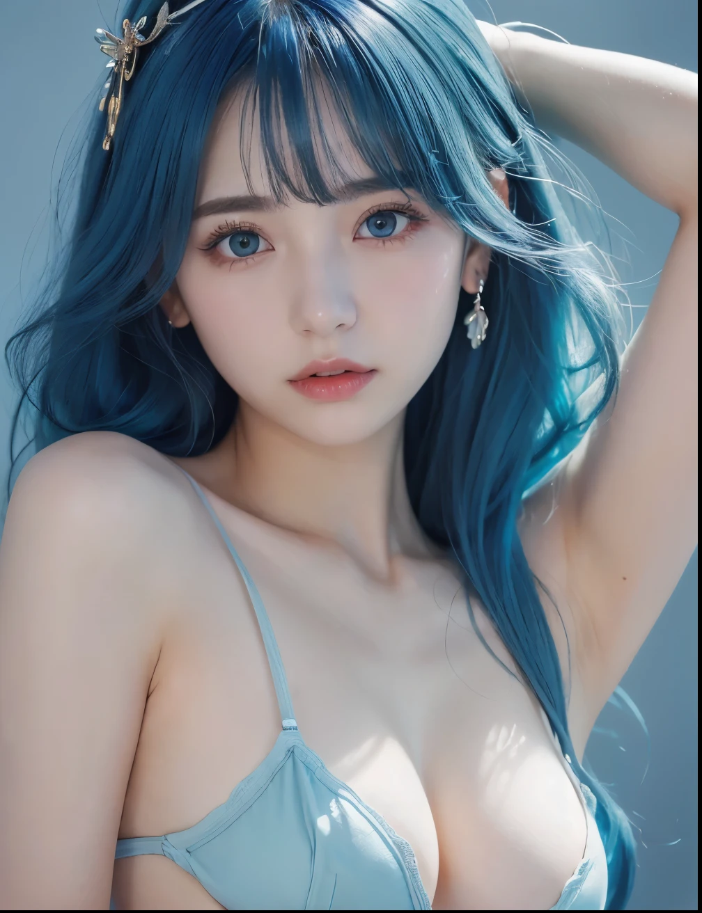 1 Girl,((Showing bare armpits:1.6))、 (Naked Girls:1.7), ((No underwear:1.7))、((Big blue hair ornament:1.7))、((Applying blue make-up:1.4))、(pov shot:1.8)、((from the front:1.3)),((Your face is in the center of the frame:1.7))、((Blue eyeshadow:1.2))、Very beautiful Japanese idol portraits, (RAW Photos, Highest quality), (Realistic, Realistic:1.4), (masterpiece), Very delicate and beautiful, Very detailed, 2k wallpaper, wonderful, finely, Very detailed CG Unity 8K 壁紙, Very detailed, High resolution, Soft Light, Beautiful detailed girl, Very detailed目と顔, Beautiful and sophisticated nose, Big beautiful eyes, Cinema Lighting, (Simple light color background:1.3), (Blue dyed medium length hair), (Parted bangs), Light Gray Background、 Complete Anatomy, Slender body,Very small breasts, Sensual look