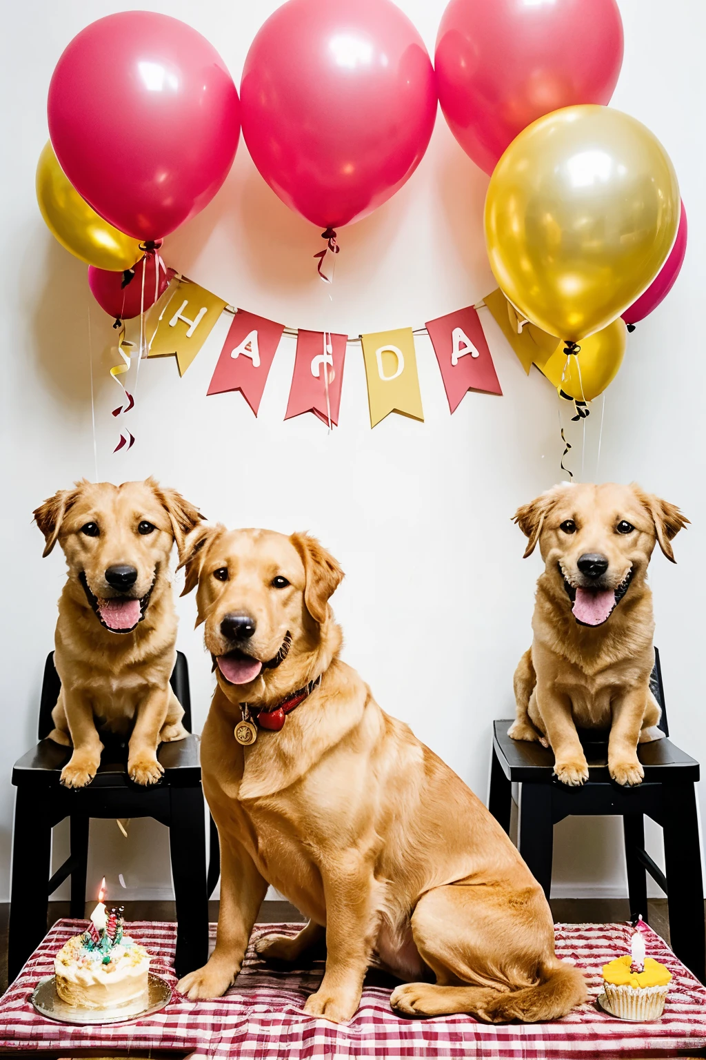 ((mejor calidad)), ((Obra maestra)), (detallado), three golden dogs sitting on chairs around a table on which there is a litle birthday cake in the foreground, one of them with a bone in its mouth, in a context of celebrations with balloons and candles and many cookies.