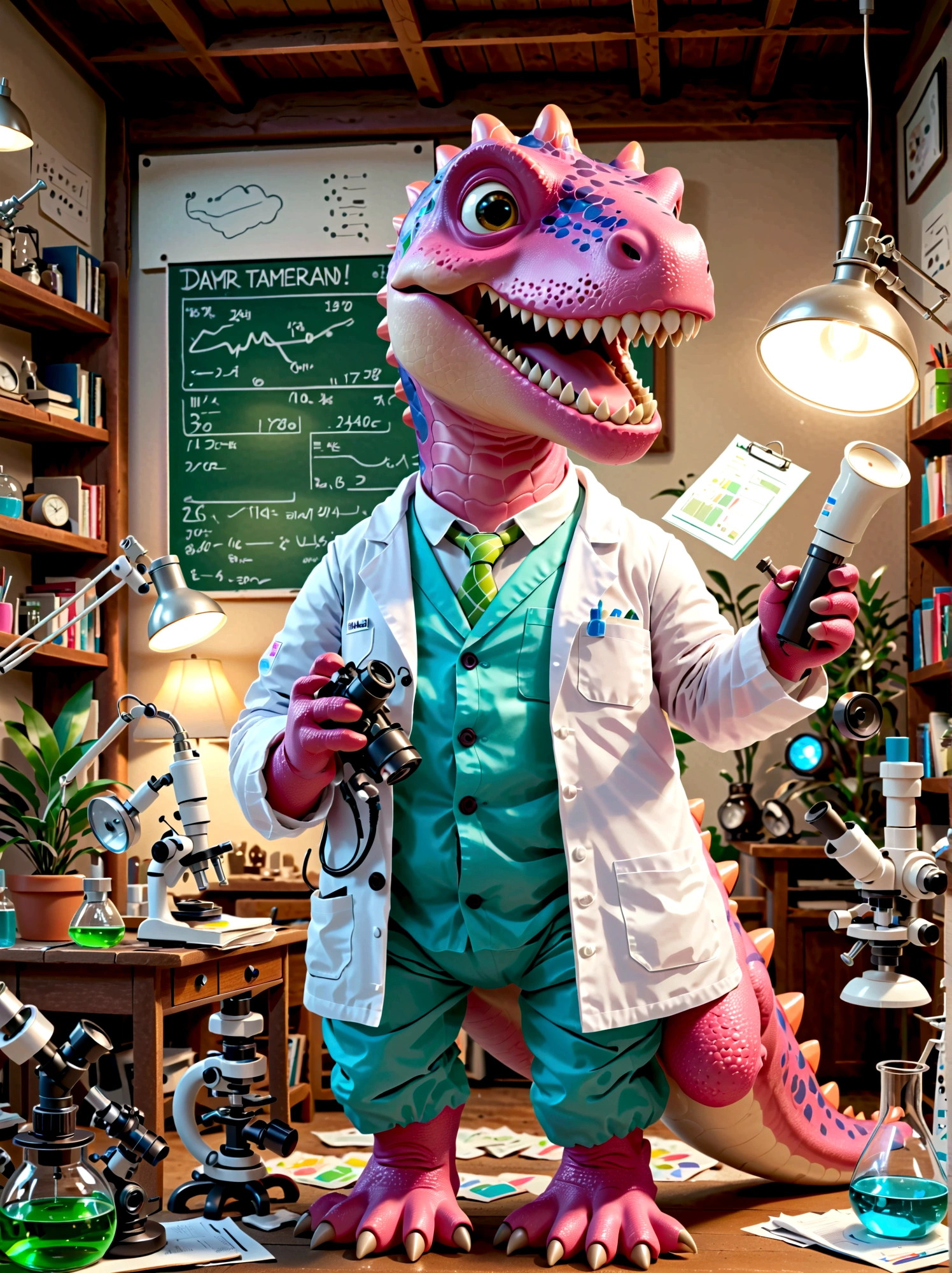 A pink dinosaur character with a broad, toothy smile, dressed as a researcher, surrounded by scientific equipment like microscopes, beakers, charts and graphs. The dinosaur is wearing a lab coat, eye protection, and holds a clipboard in its hand, Papers are strewn about, indicating a busy work day, The lab setting is filled with light coming from fluorescent lamps overhead, Illustrate this in a cartoon style