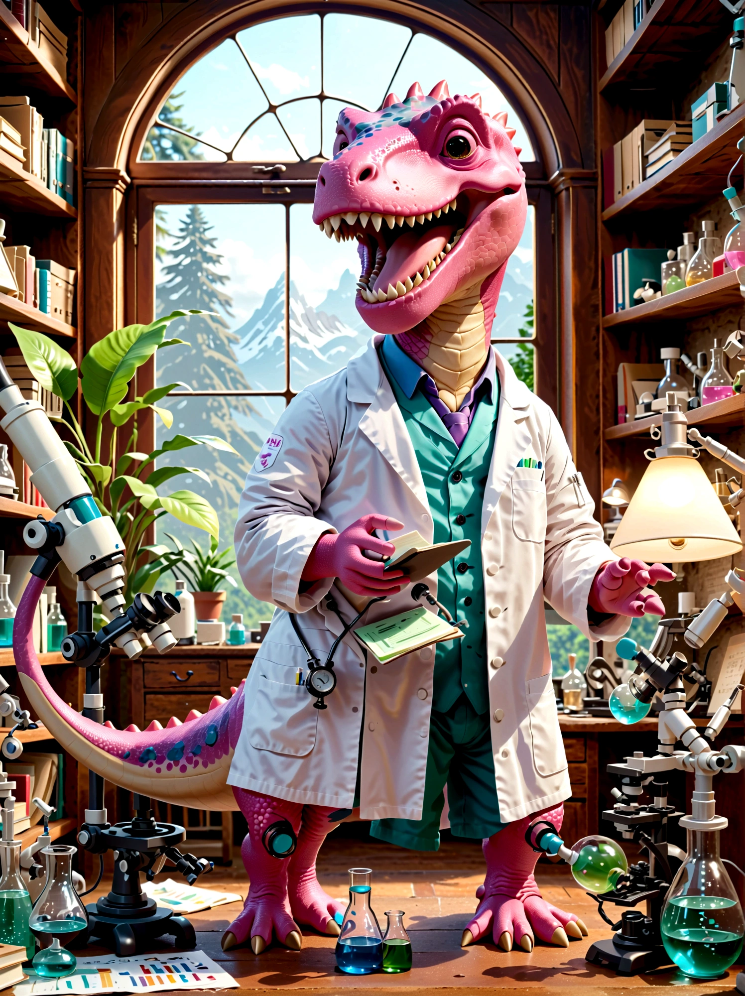 A pink dinosaur character with a broad, toothy smile, dressed as a researcher, surrounded by scientific equipment like microscopes, beakers, charts and graphs. The dinosaur is wearing a lab coat, eye protection, and holds a clipboard in its hand, Papers are strewn about, indicating a busy work day, The lab setting is filled with light coming from fluorescent lamps overhead, Illustrate this in a cartoon style