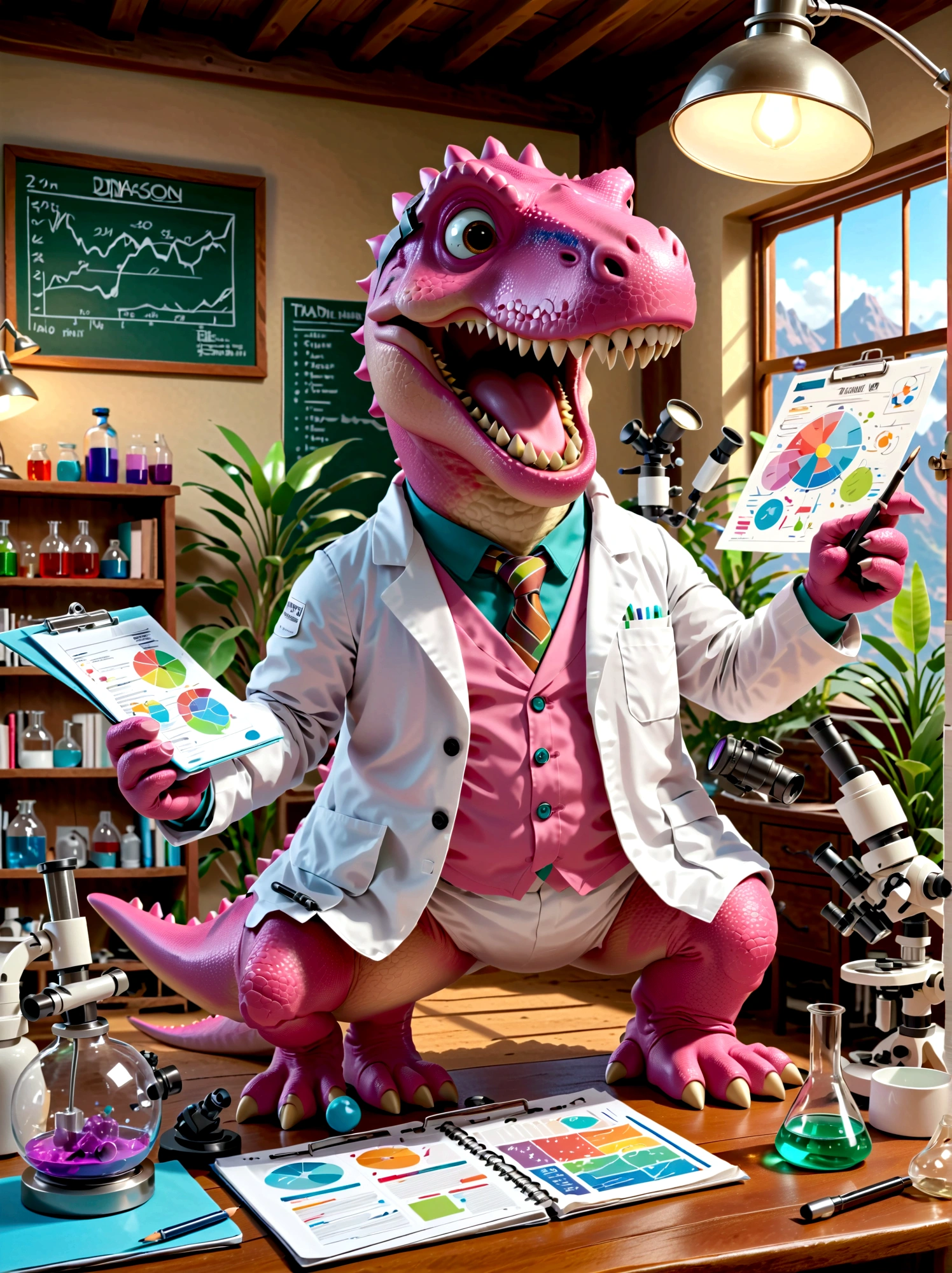 A pink dinosaur character with a broad, toothy smile, dressed as a researcher, surrounded by scientific equipment like microscopes, beakers, charts and graphs. The dinosaur is wearing a lab coat, eye protection, and holds a clipboard in its hand, Papers are strewn about, indicating a busy work day, The lab setting is filled with light coming from fluorescent lamps overhead, Illustrate this in a cartoon style