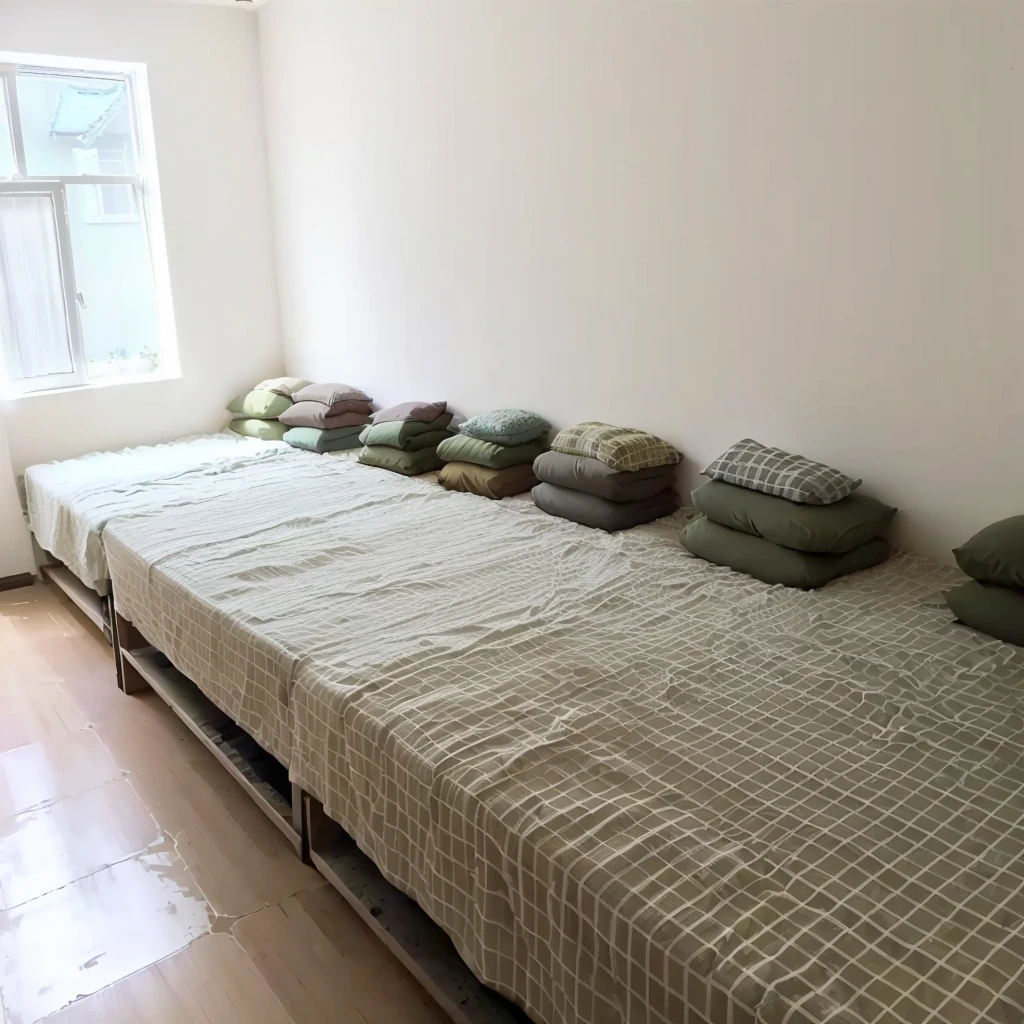 Very simple brick house interior,Very long bunk bed,Empty scene,No furniture,No windows,Without sunlight,night