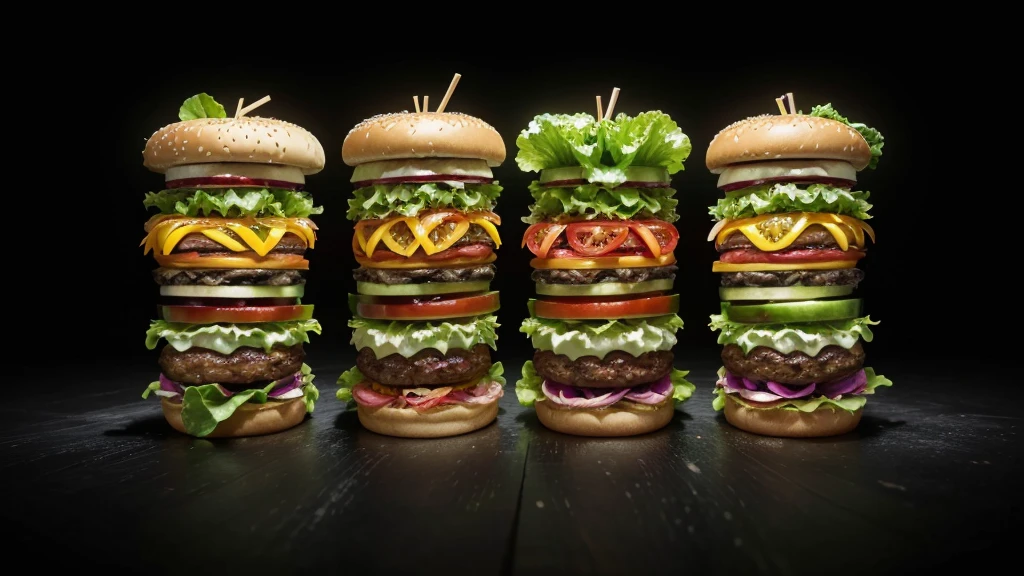 Burger soda and lettuce and tomatoes sliced cucumbers crazy with black gradient background hyper realistic neon details
