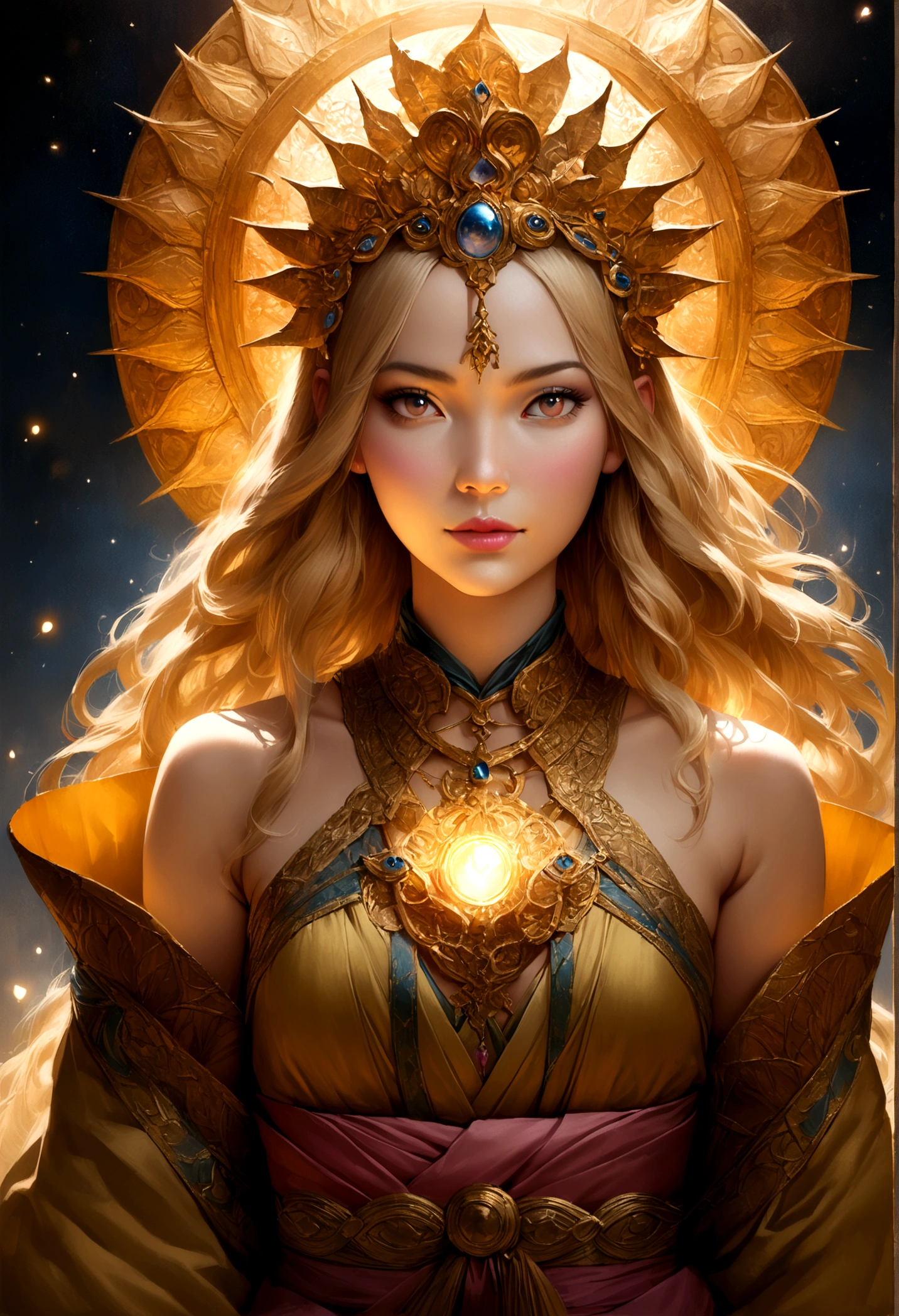 a very cute woman wearing a traditional japanese kimono, glowing with a divine aura, long golden hair, surrounded by a mystical spiritual atmosphere, (best quality,4k,8k,highres,masterpiece:1.2),ultra-detailed,(realistic,photorealistic,photo-realistic:1.37),detailed face,extremely detailed eyes and face,longeyelashes,beautiful detailed lips,cinematic lighting,dramatic lighting,vibrant colors,intricate details,fantasy,spiritual,goddess,ethereal、 haloed, fantastic, blonde, glittering background, facing front