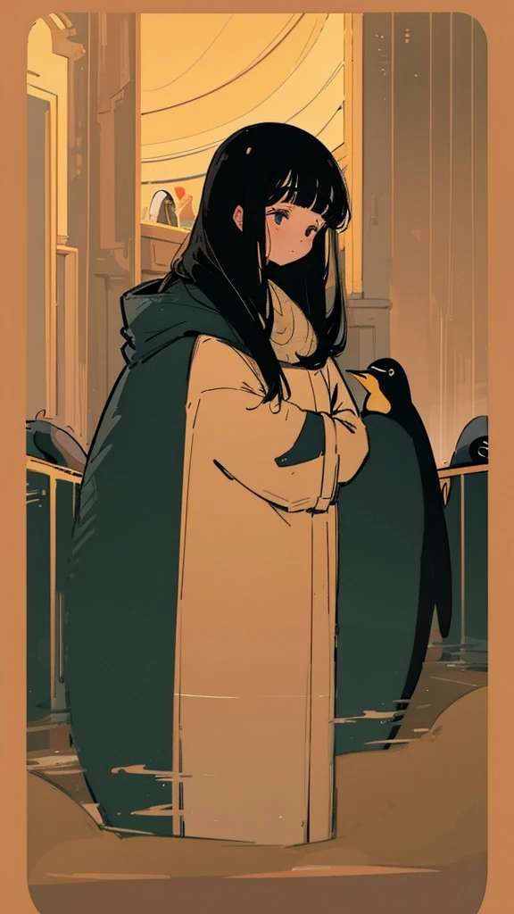 20 year old dark-haired woman, Clothes that look warm、Calm、Gentle light、black backgrounds、Coffee、head shot、Lo-Fi Illustration、a relaxing sight、Woman in sweater、looks sleepy、winter seaside、Horizon、the golden hour、penguins