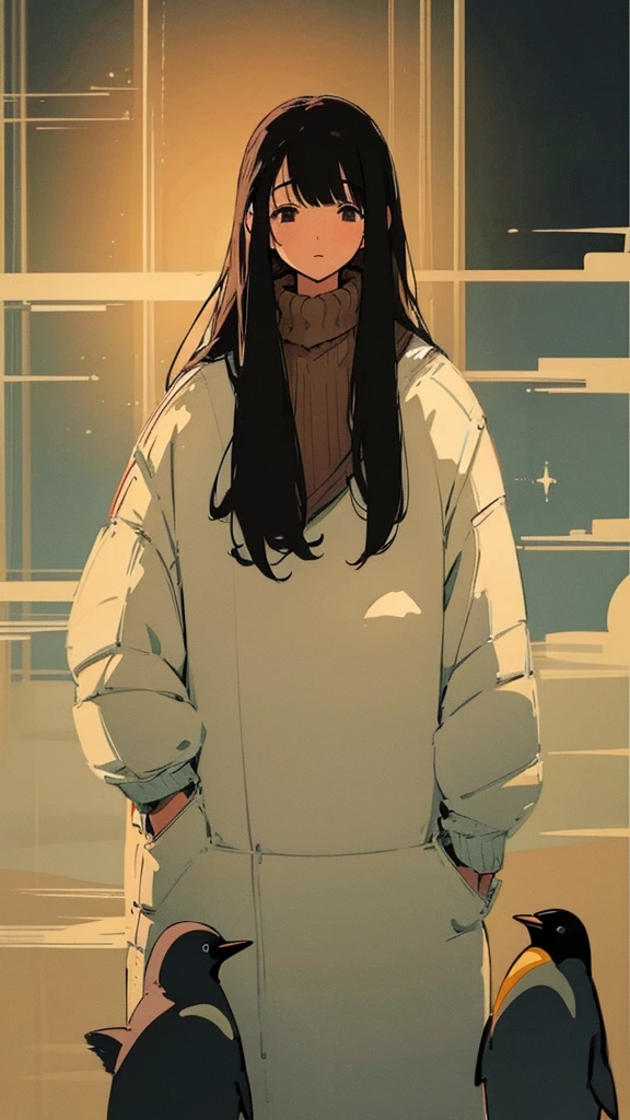 20 year old dark-haired woman, Clothes that look warm、Calm、Gentle light、black backgrounds、Coffee、head shot、Lo-Fi Illustration、a relaxing sight、Woman in sweater、looks sleepy、winter seaside、Horizon、the golden hour、penguins