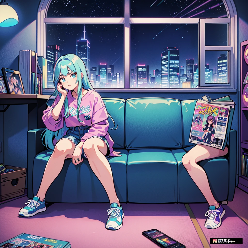 (masterpiece), Highest quality, Expressive eyes, Neon pastel aesthetics, Retro 90s, Neon color,((Girl sitting on sofa,In a cozy room,Records hanging on her wall, Comic books on the floor, Looking out the window behind her at the night city, Upholstered room, Anime figures lined up on a shelf)), Wearing headphones, (All around her it sparkles), (wearing thick colorful sneakers), (blue eyes), (Soft look), (Synthwave Art Style), Colorful Hair, Desk with PC set up