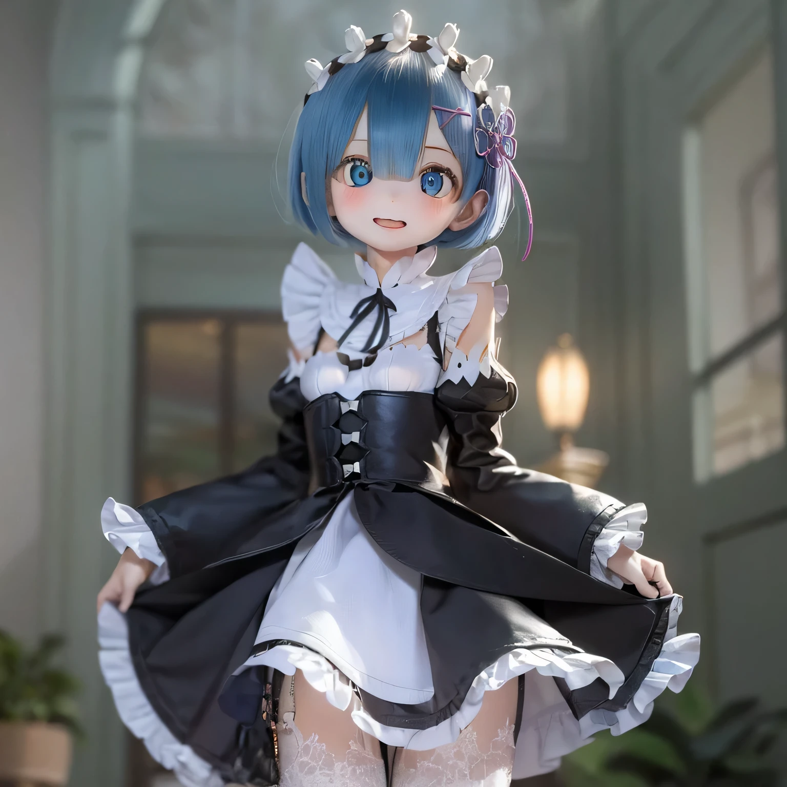 A -year girlmed Rem, it is (((((((baby)))))))le, Has beautiful and delicate eyes, lips, And the face. Artwork must be of the highest quality, Sharp focus and ultra-detailed rendering. The color palette should be vibrant and vivid.  The medium must be illustration or digital painting. For more information, look、Also includes Rem in a cute dress, And with a look of joy.(((a bit)))Sexy pose Blue hair Cute pose Flat chest Lifting skirt to greet