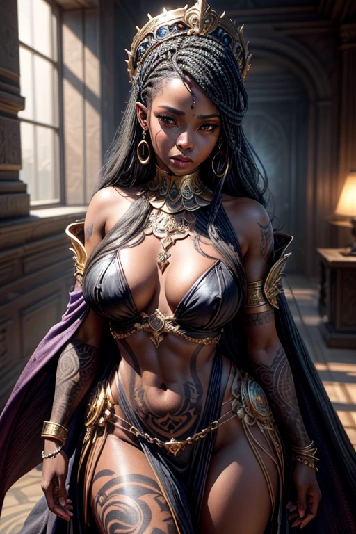 Close-up of a woman with tattoos on her chest, a character portrait inspired by Magali Villeneuve, Artstation Contest Winner, fantasy art, dark skin female goddess of love, Epos 3D Oshun, 8k high quality, Detailed art, epic fantasy art style, Epic, exquisite character art, goddess. extremely high level of detail, Black African Princess, hyperdetailed fantasy character