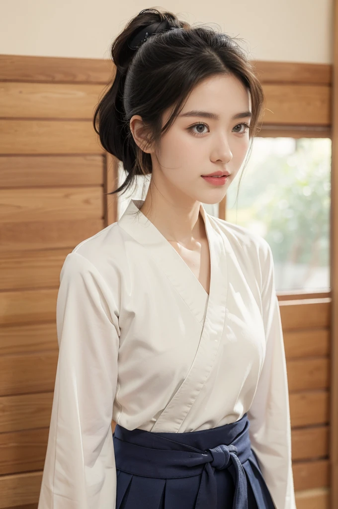 (((best quality))),(((ultra detailed))),(((masterpiece))),illustration,1girl,solo,short ponytail,slim,thin,small breasts,flat chest,white collar,white kendogi,three-quarter sleeves,navy-blue kendo hakama,standing in kendodo gym,arms behind back,focused and determined expression,ready for challenge,slender and elegant face,confident and resilient,fair skin,blush,neat teeth,bright smile,clean and tidy uniform,wooden gym floor,wall,pine scent,standard grip,ready to slice through obstacles,strong belief,determination,spirit of resilience,admiring,from front,upper body